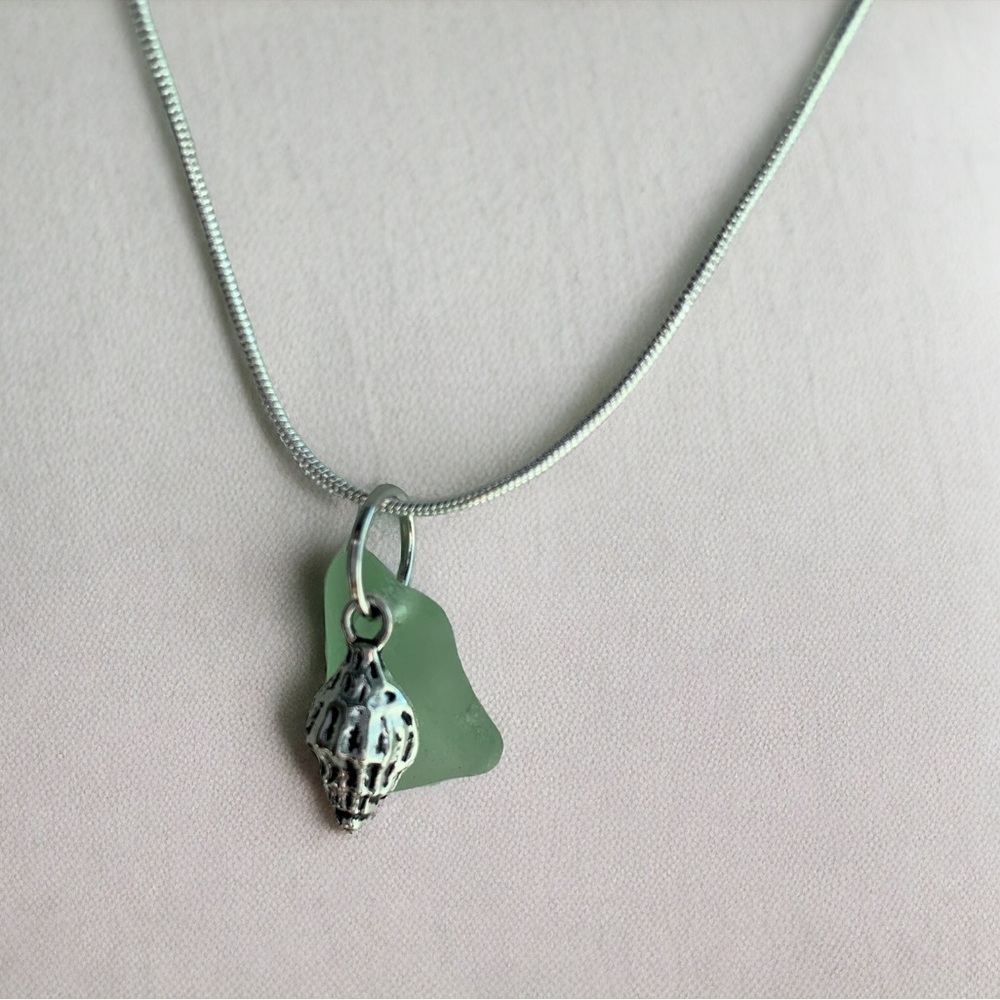 Real sea glass pendant, sea foam color piece, sea shell charm